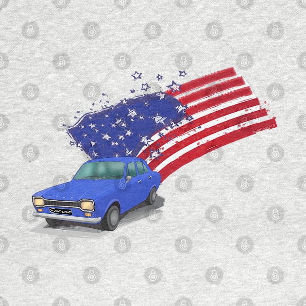 Iconic Ford Escort From the 70s with the American Flag behind - illustration by ibadishi